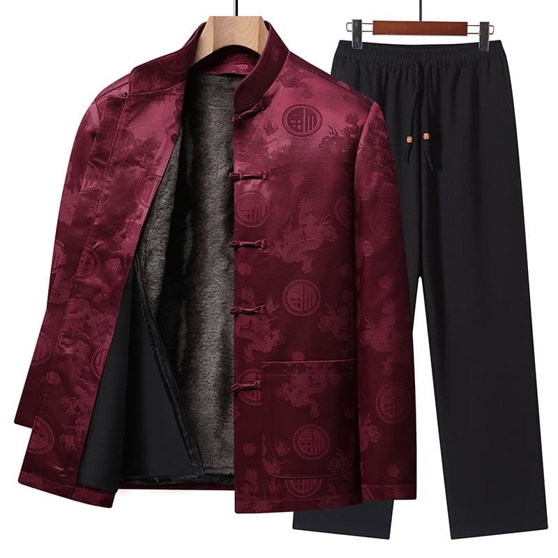 Tang style detachable fleece-lined jacket, middle-aged and elderly men's Chinese style thermal set