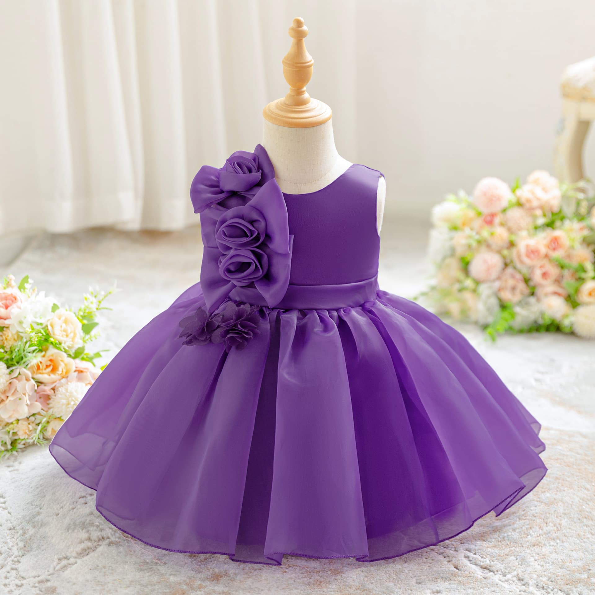 Girl's Tutu Birthday Wedding Dress Princess Gown with Floral Details Baby Toddler Party Dress