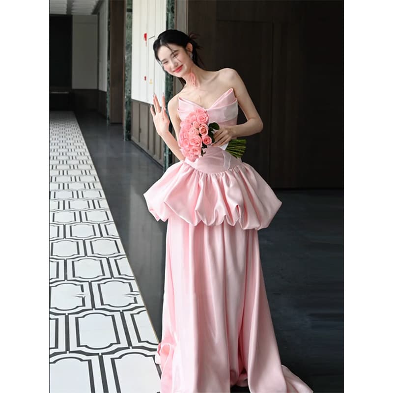 Wedding Dress Light Luxury Niche High-End Pink Morning Robe Strapless French Evening Gown Host Student Birthday Art Exam