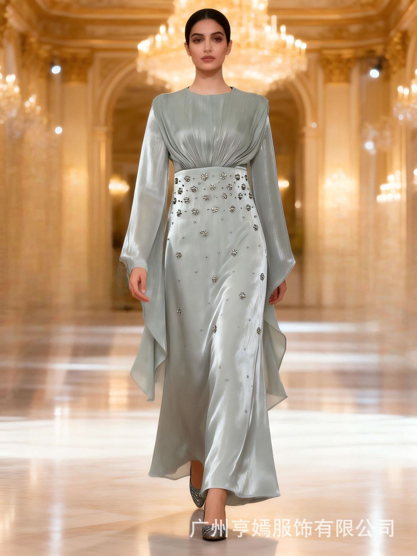 Heavy Craftsmanship Rhinestone Belted Flared Sleeve Long Dress in Flowing Satin, Southeast Asian Light Luxury Women's Dress