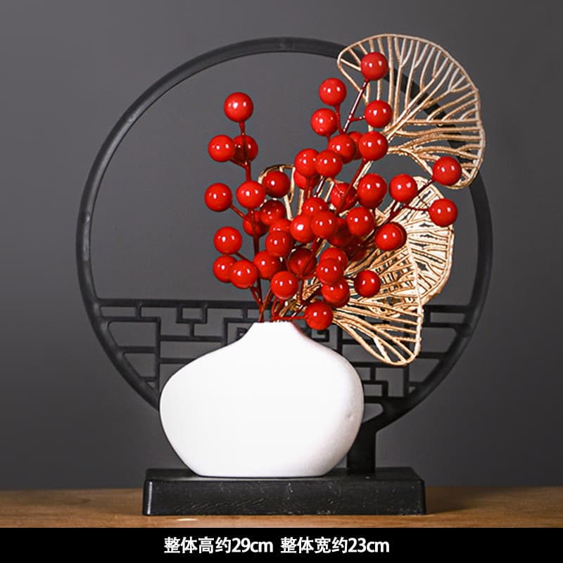 New Chinese Style Screen Ornament Red Berries Gold Leaves Decoration Imitation Ceramic Vase Wine Cabinet Entryway TV Cabinet Dried Flower Zen
