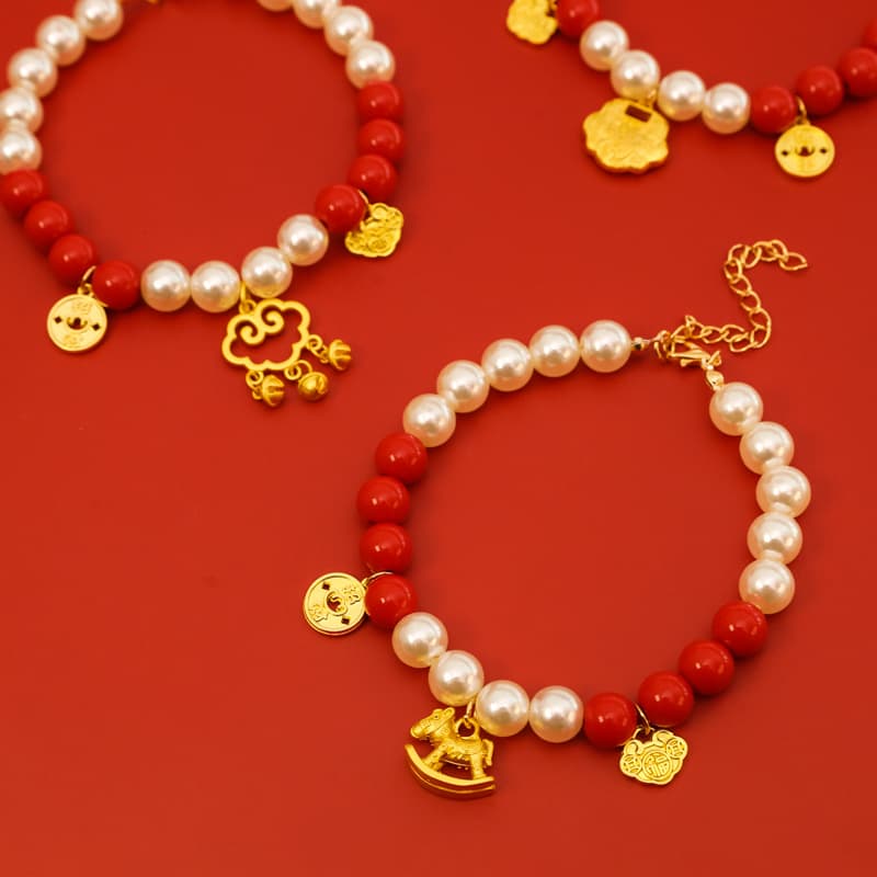 Pet New Year Pearl Necklace Sand Gold Longevity Lock Collar Spring Festival Cat Dog Gold Red Decoration Silent
