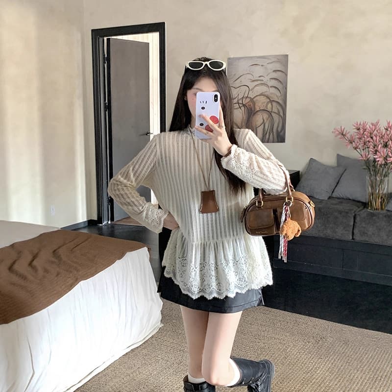 Plus Size Women's Clothing Autumn Winter New Edition Design Heavy Work Lace Trim Semi-High Neck Top Base Layer