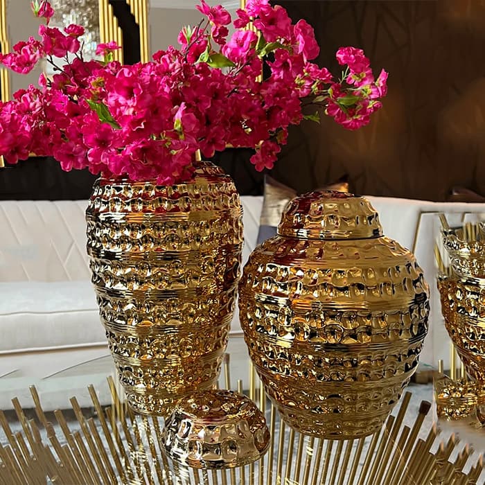 European Light Luxury Gold Silver Ceramic General Jar Home Living Room Hotel Vase with Lid Decoration