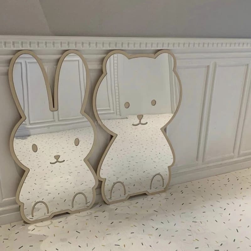 Wooden Mirror Ins-Style Creative Decorative Mirror for Children's Room, Cute Bear and Rabbit DIY Hanging Decorative Mirror