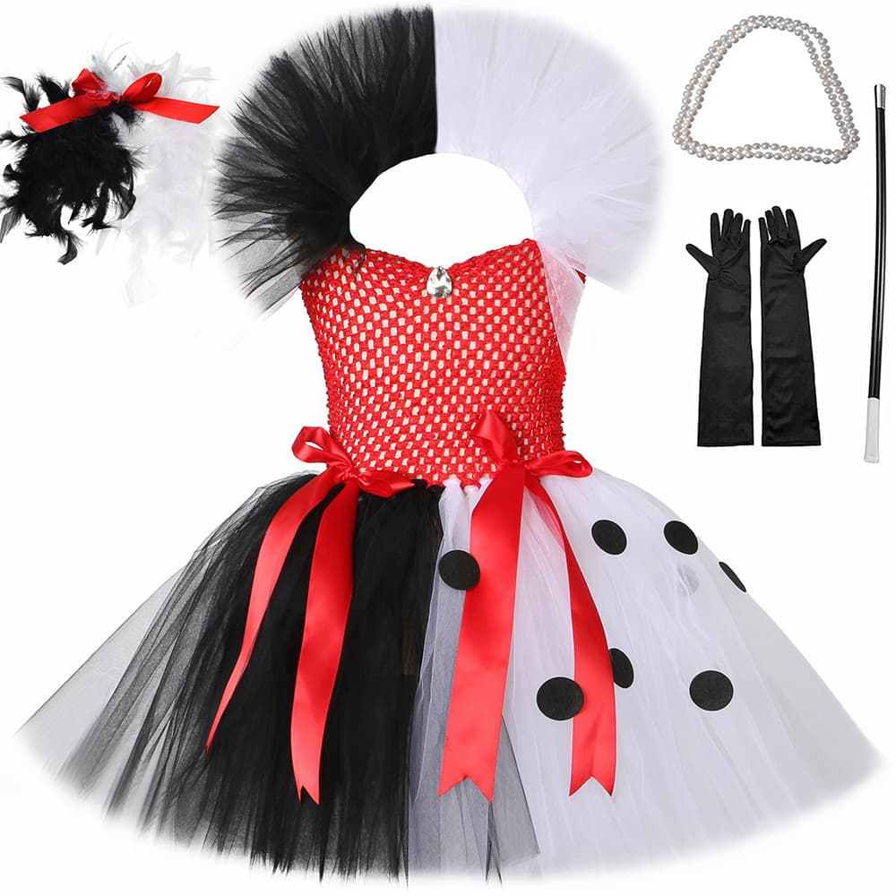 101 Dalmatian Black and White Witch Kuila Children's Mesh Dress Girl's Halloween Spotted Dog Play Costume