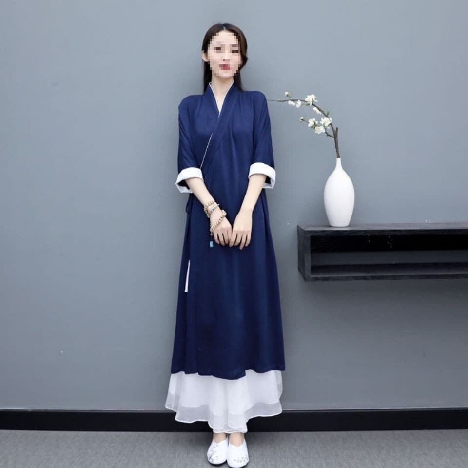 New Chinese Style Douyin Same Style Chinese Style Cross Collar Tie-Dye Hanfu Lay Yoga Robe Zen Clothing Tea Ceremony Clothing Set