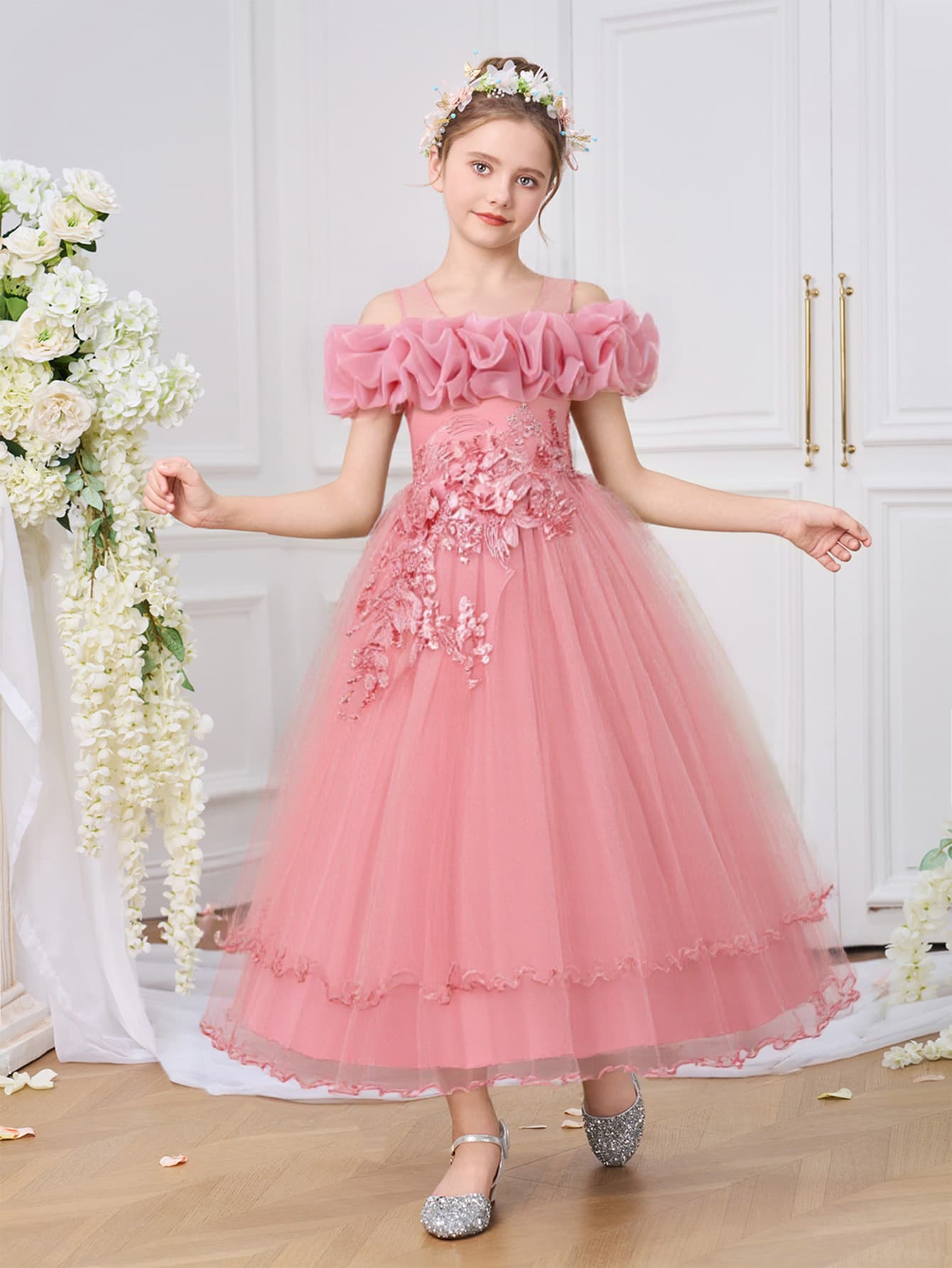 Princess Style Girls Dress Bead Flower Single Shoulder Wedding Dress Stage Party Dress for Little Girls Children's Clothing