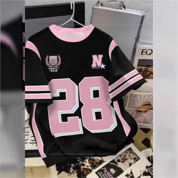 2025 American High-Street Casual Baseball Collar Contrast Color Short/Long Sleeve T-Shirt for Women, Summer Loose Fit Printed Half Sleeve