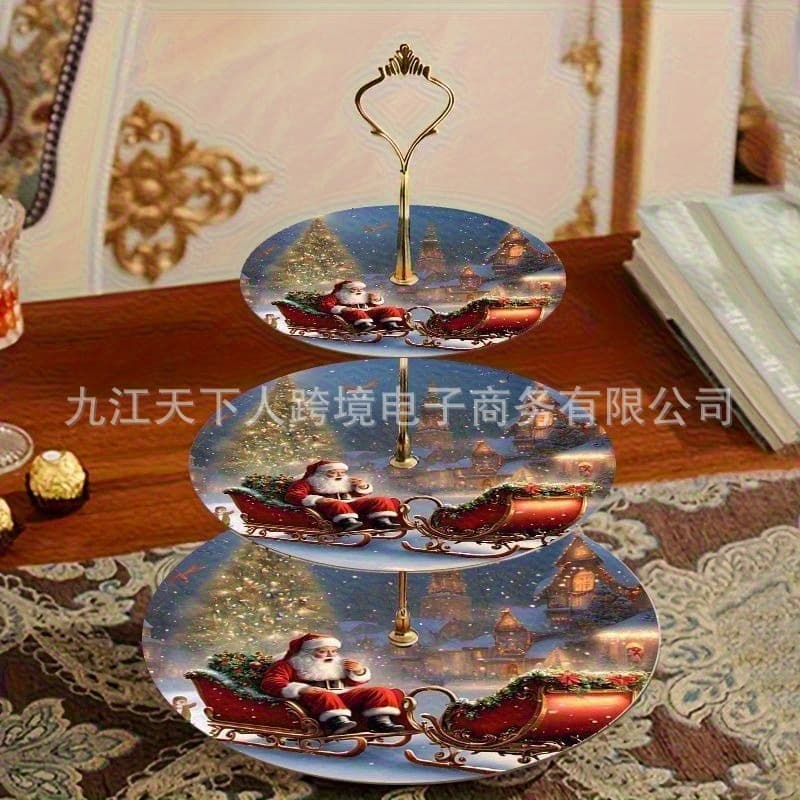 Cross-border Amazon TEMU Hot Selling Vintage Santa Sleigh and Reindeer Christmas Wooden Tray Cake Stand
