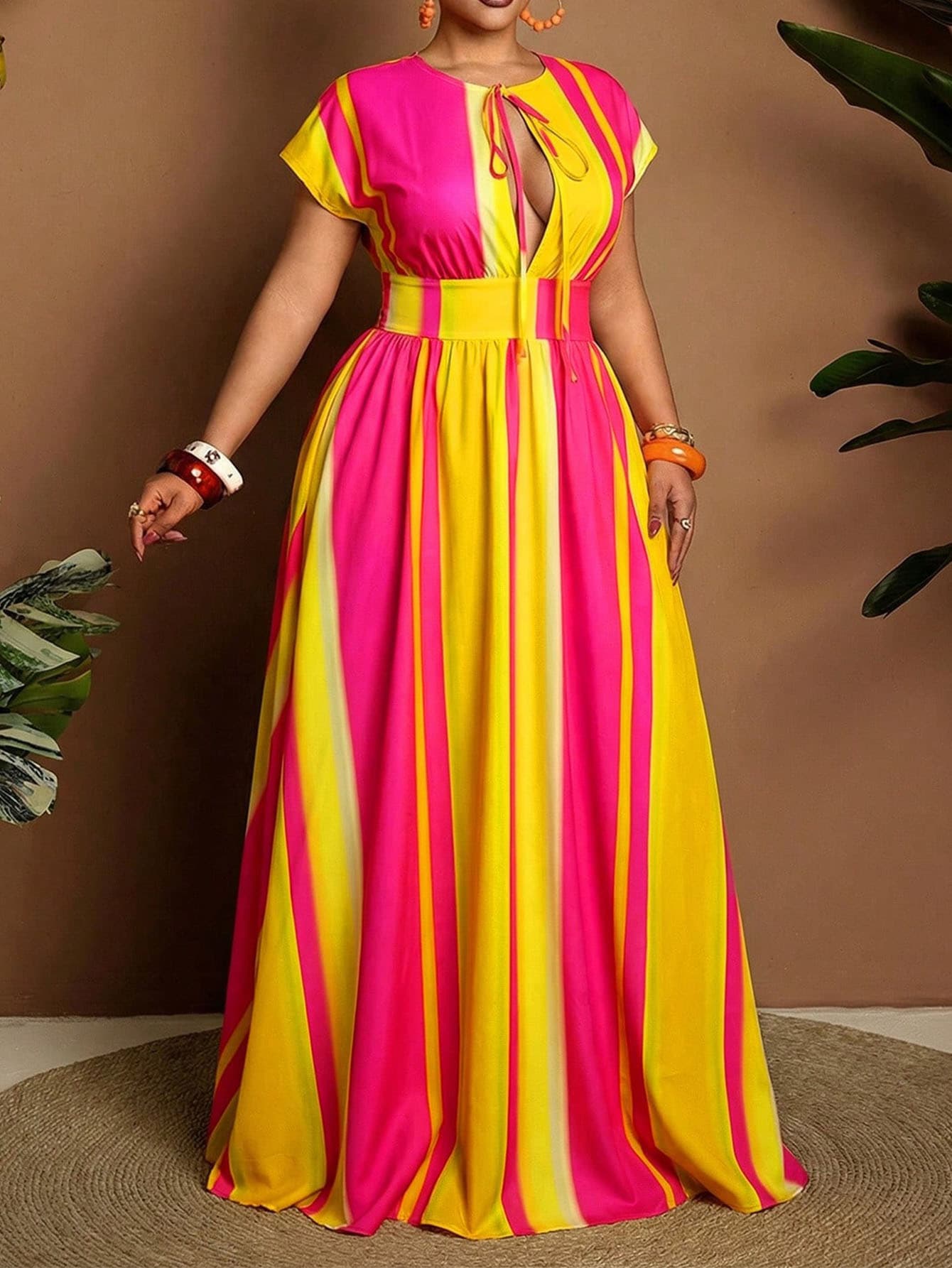 Cross-border Trade Europe and America Plus Size 2026 Summer New Style Waist-cinching Crew Neck Striped Contrast Deep V Mid-long Dress