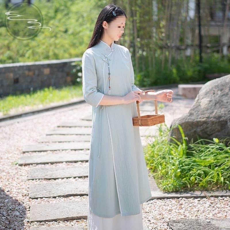 Spring and Autumn Women's Tea Ceremony Outfit, Zen-inspired Wide-Leg Pants Two-Piece Set, Ancient Chinese Style Modified Cheongsam Dress