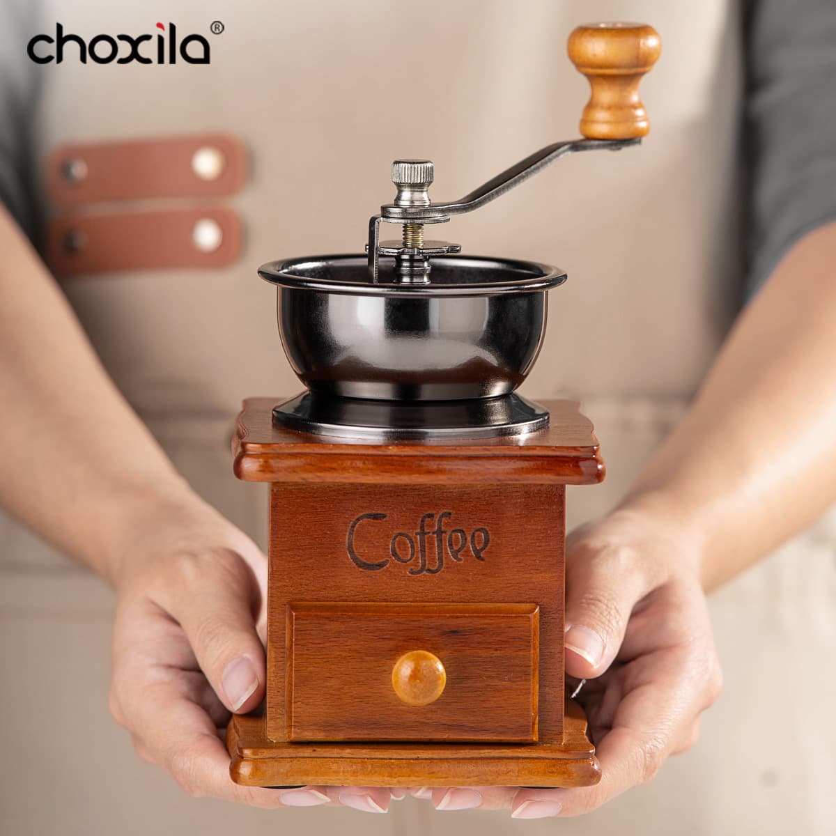 Vintage Classic Hand-Crank Solid Wood Coffee Grinder with Ceramic Burr, Coffee Bean Grinder, Mini Coffee Machine