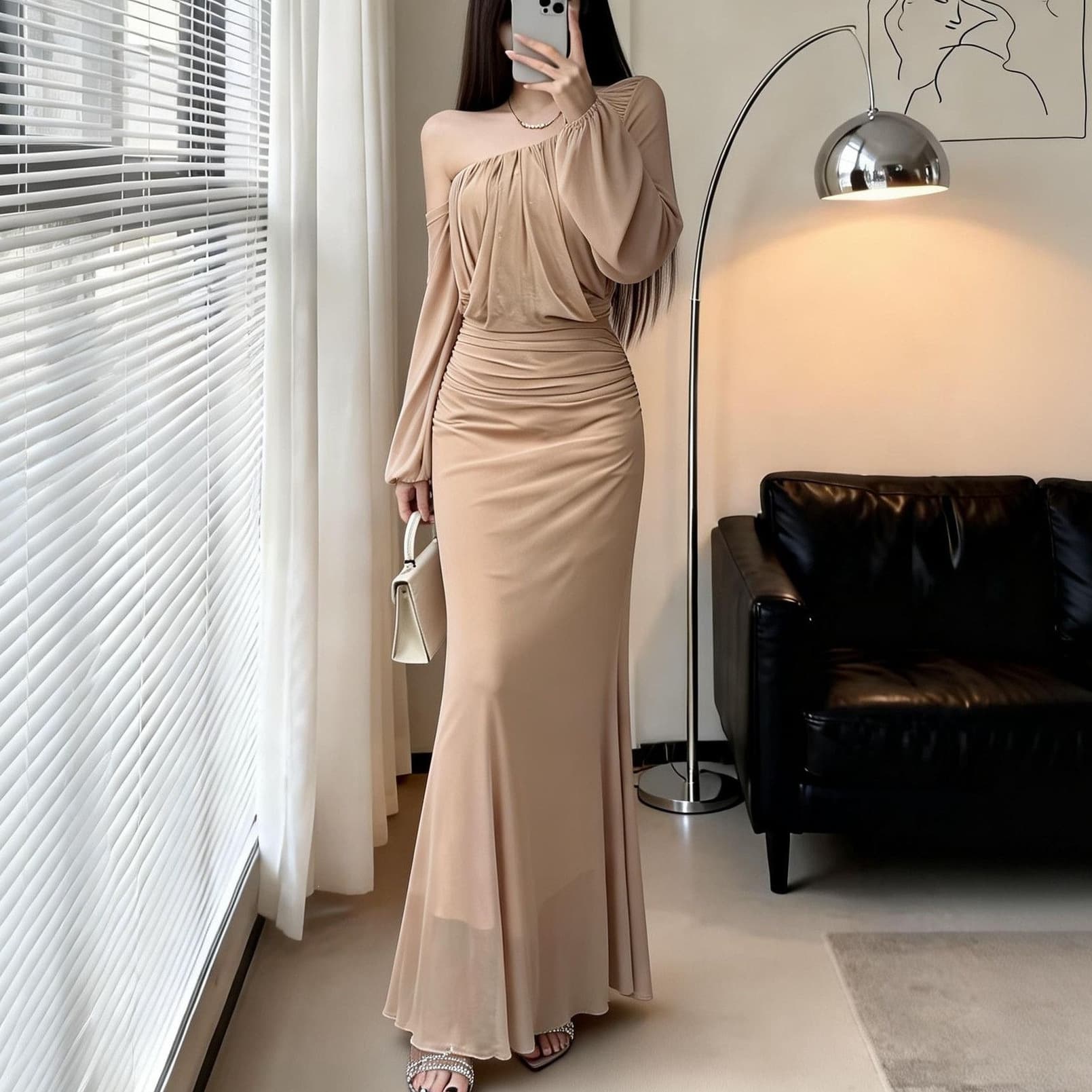 Cross-border solid mesh off-shoulder ruffle long-sleeve dress for women, summer sexy style, mermaid long dress wholesale
