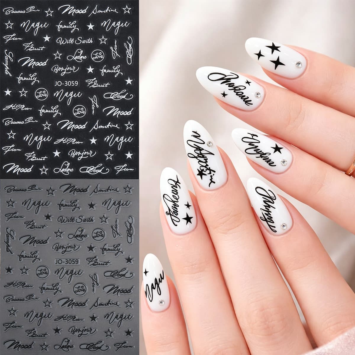 New Cross-Border Nail Stickers Gold Silver Black White Italic English Stars Hearts Circles Adhesive Nail Stickers
