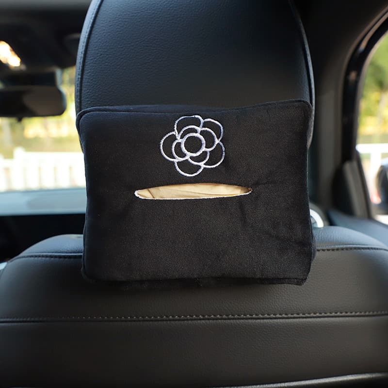 Car Tissue Box Plush Embroidered Camellia Car Tissue Box Multifunctional Chair Back Armrest Box Car Tissue Box