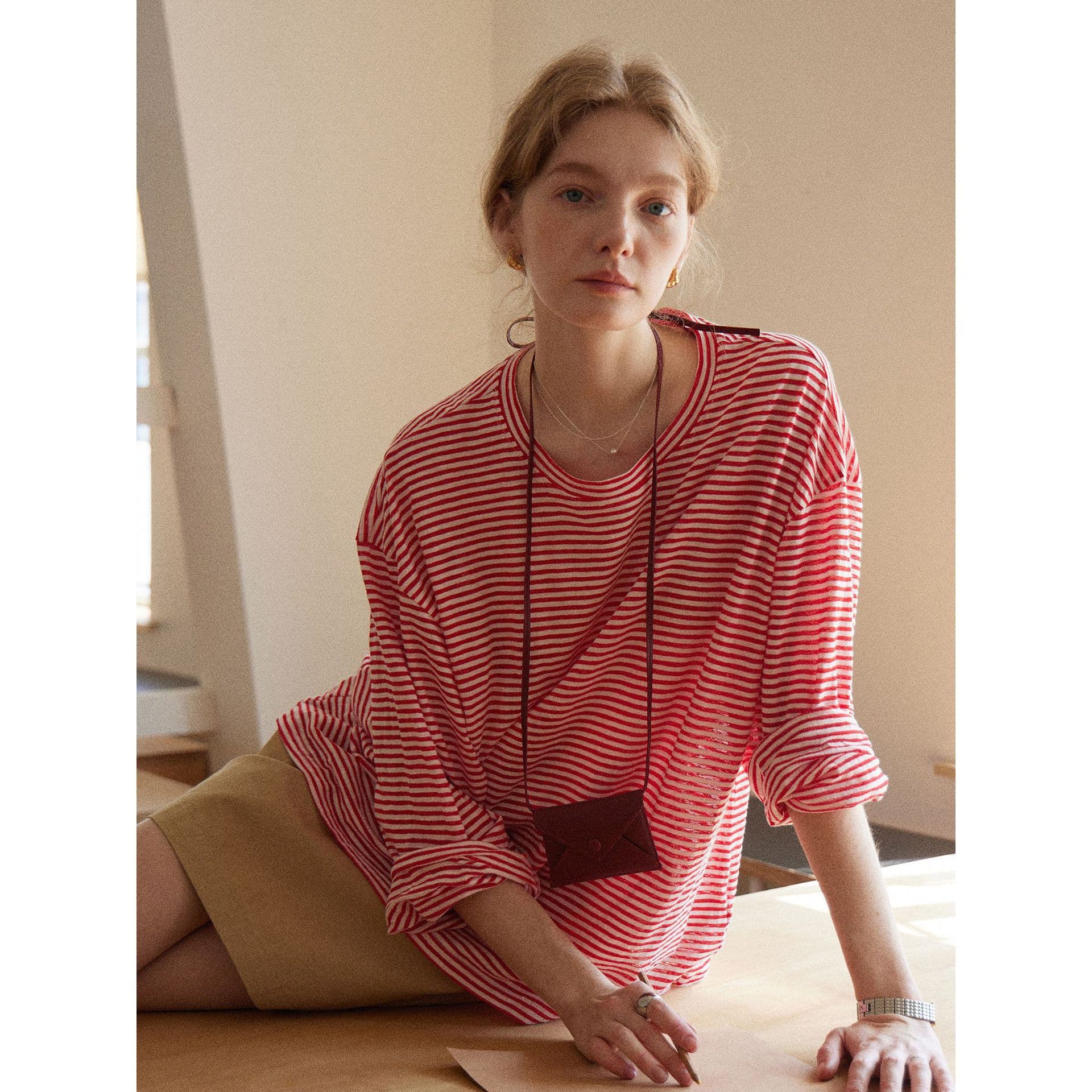 Clean Sense Breathable Lightweight Slightly Sheer Round Neck Classic Striped Pullover Sun Protection T-Shirt Cover-Up # 4575