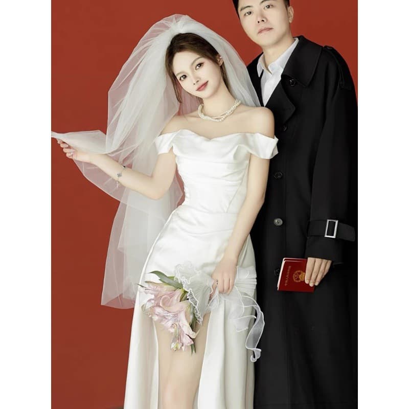 Strapless Evening Dress for Women, Small Luxury Banquet Elegant Graduation Adult Ceremony Registry Little White Dress Light Wedding Gown
