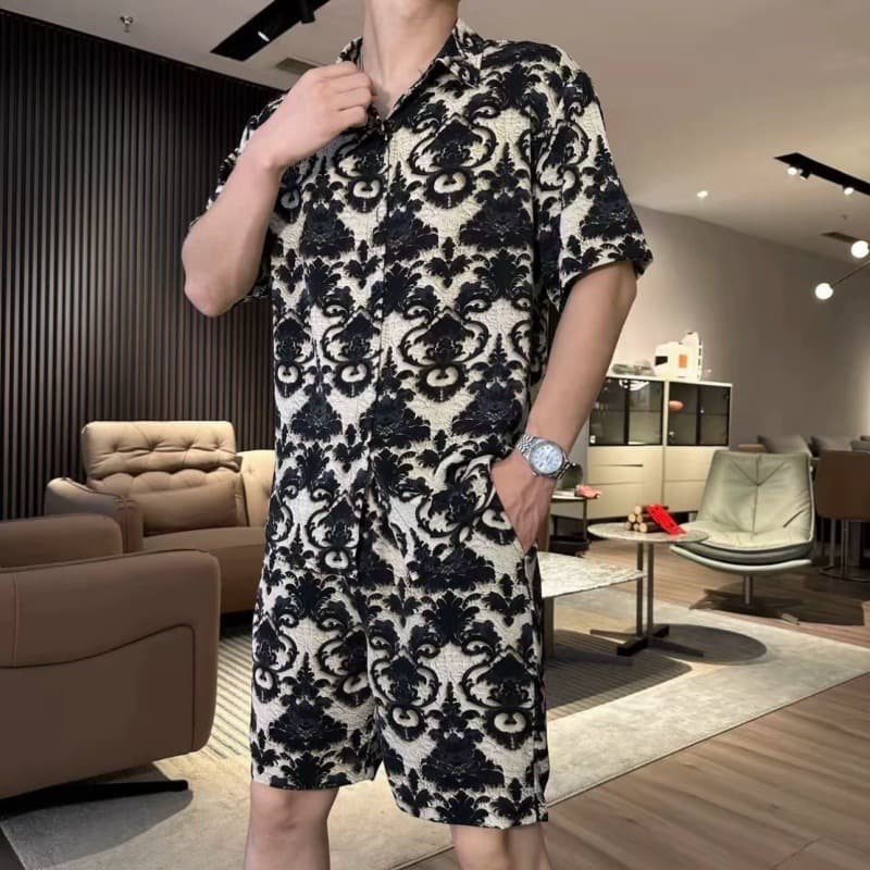 Summer European flower suit for men, light luxury and hot style, loose men's short-sleeved shorts, summer high-end handsome suit trend