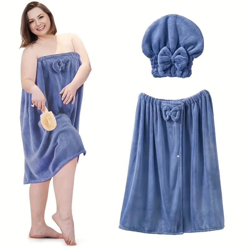 Large size tube top bath skirt wrap-around women's home bath skirt two-piece set simple coral velvet soft bow dry hair hat