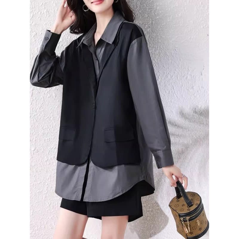 Spring and autumn new style retro POLO collar long-sleeved top design niche vest splicing fake two-piece shirt for women