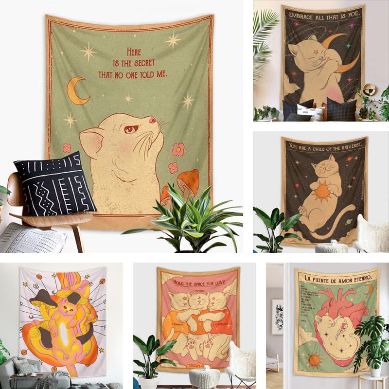 Cross-border Tapestry Tarot Card Cat Background Fabric Hot Selling Decorative Wall Hanging, One Piece Shipment, Label Attachable