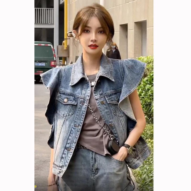 Stylish Denim Vest with Vintage Ruffle Flutter Sleeves, Single-Breasted Denim Vest Outerwear Cardigan