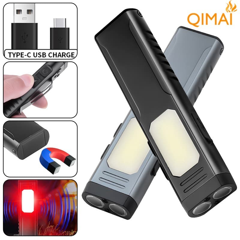 Cross-Border New Multifunctional USB Rechargeable Work Light with Buzzer, Magnet, Cob Led Strong Light Portable Flashlight