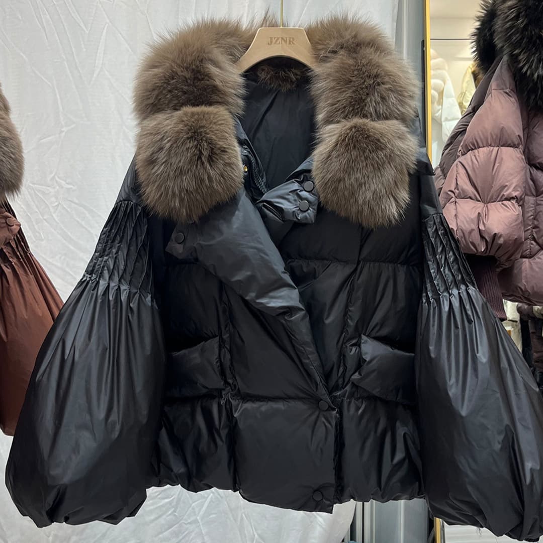 Women's new winter style natural real fox big fur collar puff sleeve down jacket fashionable thickened warm loose jacket