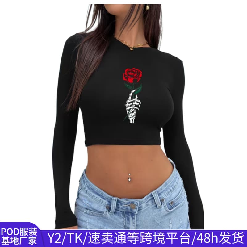 Y2 Cross-border Hot Girl Cherry Print Long Sleeve Crop Top Slim Fit Summer Women's Top American Retro Long Sleeve T-Shirt