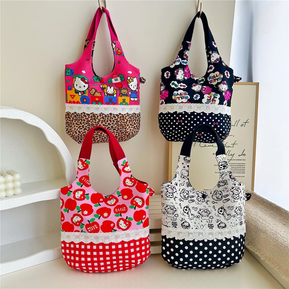 Cotton Printed Cartoon Cat Handbag Fabric Patchwork Walking Bag Large Capacity Handbag Handmade Bag