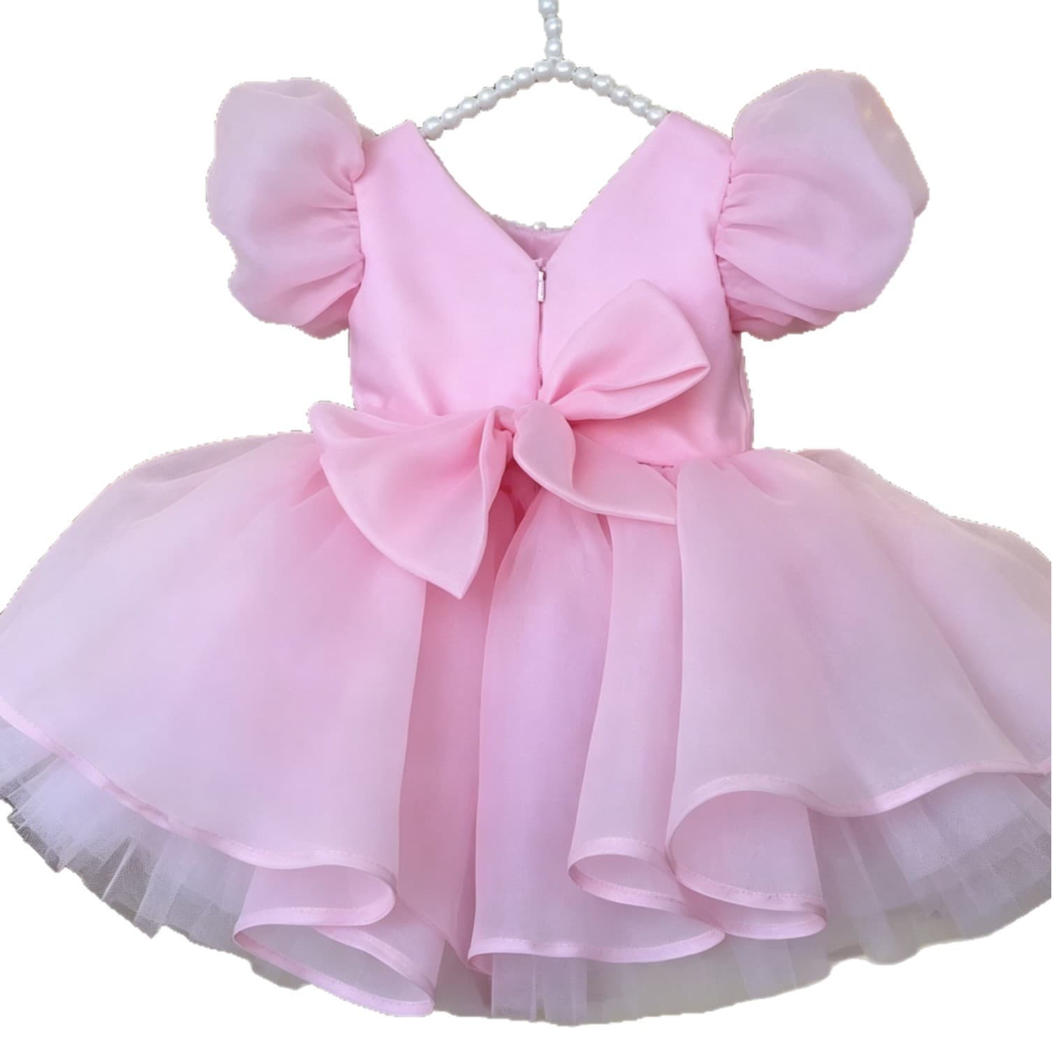 Girls' Sweet Pink Bubble Sleeve Birthday Princess Dress, French Style Tutu Dress for First Birthday
