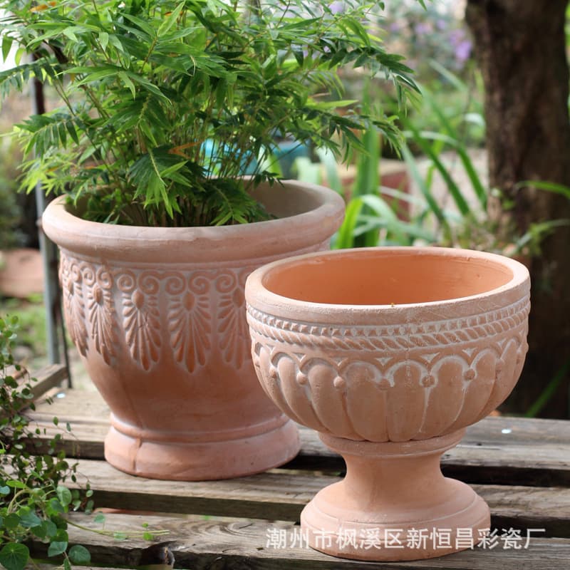 Rough Nordic Retro Simple Relief Red Clay Breathable Green Plant Flower Pot Living Room Outdoor Creative Red Clay