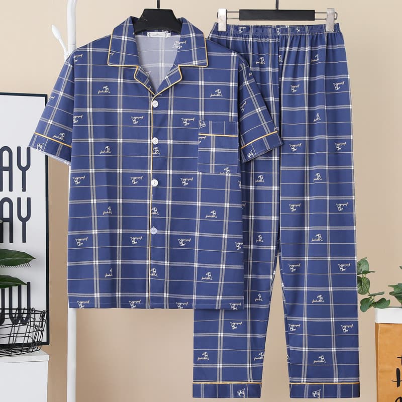 16-3 Blue Cotton Pajamas for Middle-Aged and Young Men, Summer Plus Size Short Sleeve Top and Long Pants, Cardigan Style, Casual