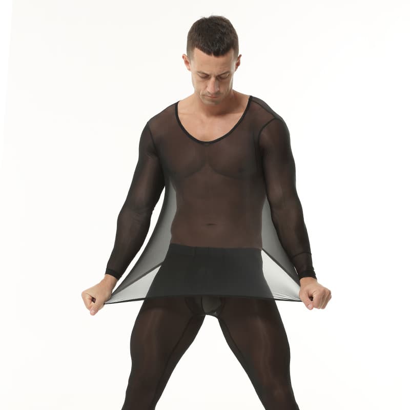 Men's ultra-thin ice silk underwear transparent sexy tight base set see-through fitness sports base layer European and American style
