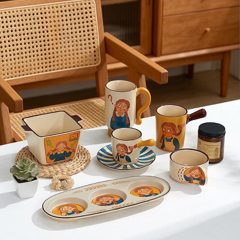 New Braided Girl Ceramic Tableware, Afternoon Tea Coffee Cup and Saucer, Cute Cartoon Mug, Coffee Cup and Saucer, Dessert