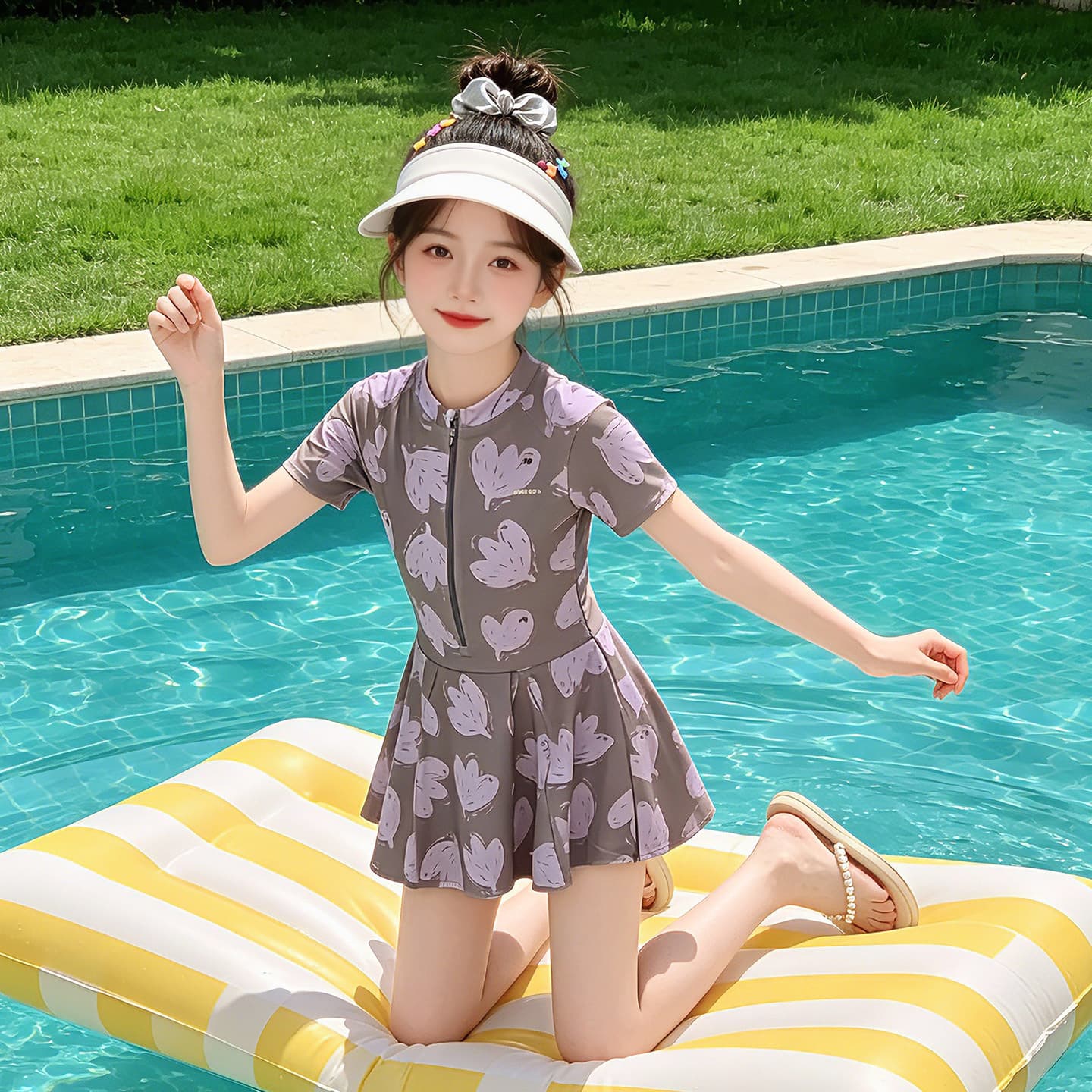 Girls One-Piece Swimsuit Floral Print Princess Style Children's Swimwear Sun Protection 2026 New Swimsuit Dress