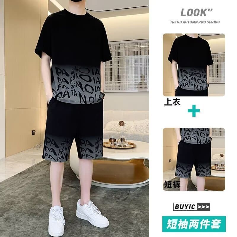 Men's Short Sleeve T-Shirt, Summer Ice Silk Quick-Dry Stretch, Trendy Casual Sports Set, Youth Two-Piece Set