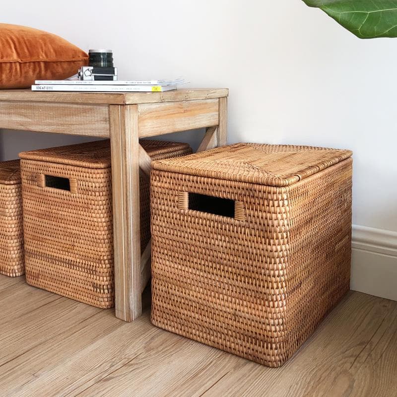 Vietnamese Woven Storage Basket with Lid, Laundry Hamper, Braided Toy and Square Organizer for Miscellaneous Items