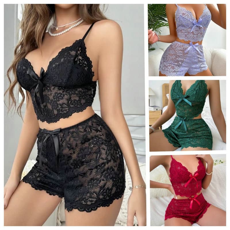 MULIAN Sexy Lingerie Women's Mesh See-Through Sexy Underwear Two-Piece Set Lace Trim Flirty Loungewear Sleep Dress