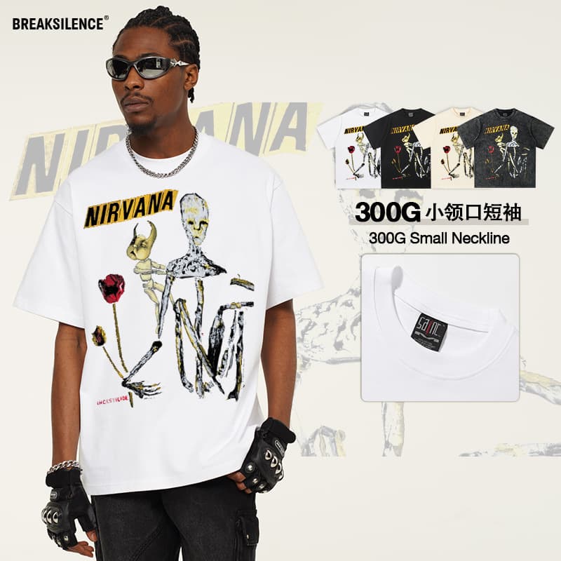 Nirvana Vintage Short Sleeve T-Shirt 300g Small Collar Rock Band Print Casual Cotton Tee Unisex Spring Summer Autumn Fashion