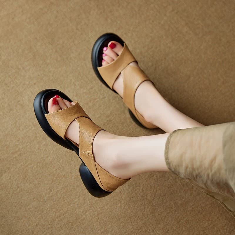 Genuine Leather Two-Way Open Toe Sandals Women 2025 New Summer Thick Sole Heightening Slide Sandals Chunky Heel Roman Sandals