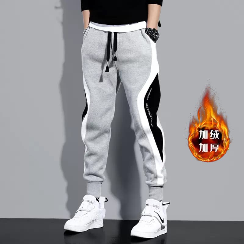 Fleece-Lined Pants Men's Autumn/Winter New Style Thickened Warm Fashion Patchwork Color Block Trendy Embroidered English Cuffed Sweatpants