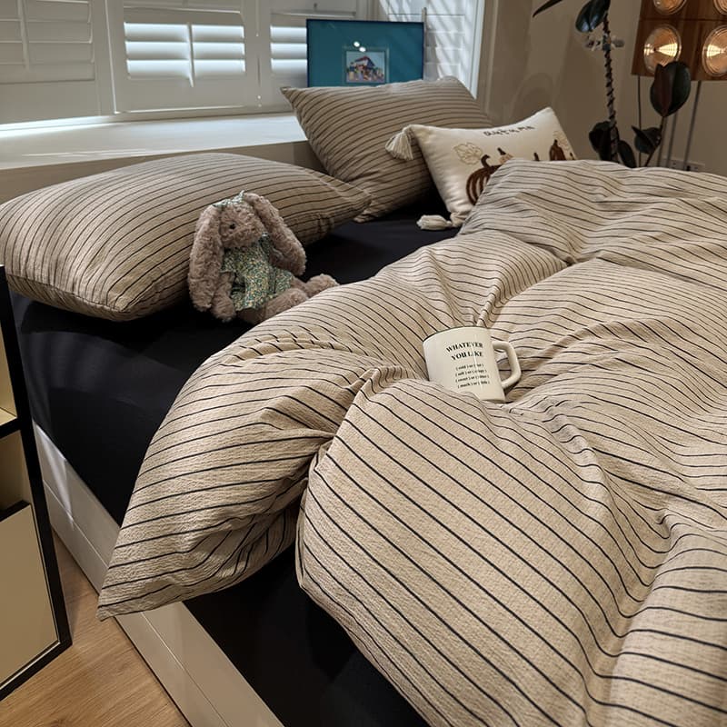 Mother and Baby Grade A Pure Cotton Striped Bedding Set, INS Simple Muji Style Pure Cotton Bare Sleeping Student Dormitory Three-Piece Set