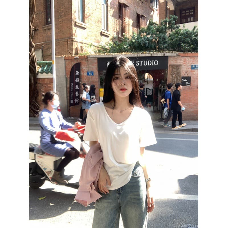 Pure Cotton Shoulder White V-neck Short-sleeved T-shirt Women's Summer High-end Inner Base Shirt Loose Slimming T-shirt Top