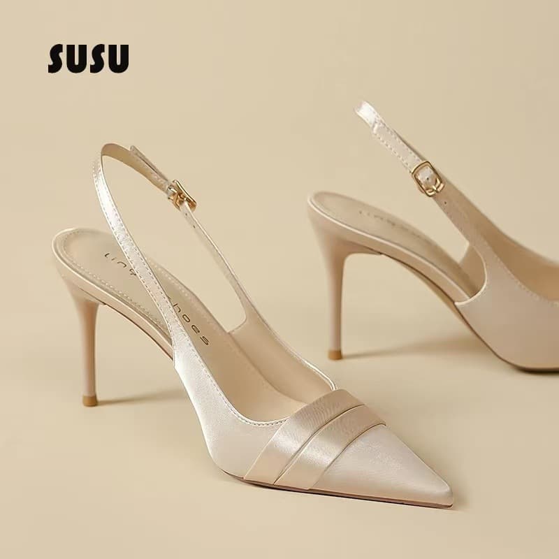 One Strap Buckle Pointed Toe High Heel Sandals Women 2026 Spring Summer New Style Elegant High-end Dress Sandals Thin Heel Satin Sandals