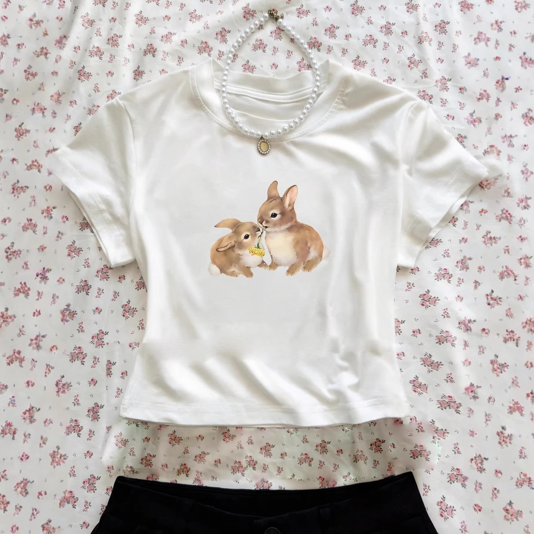 Cross-Border American-Style Cute Rabbit Print Sweet T-Shirt, Round Neck, Short Sleeves, Slim Fit, Cropped T-Shirt, Short Top for Women