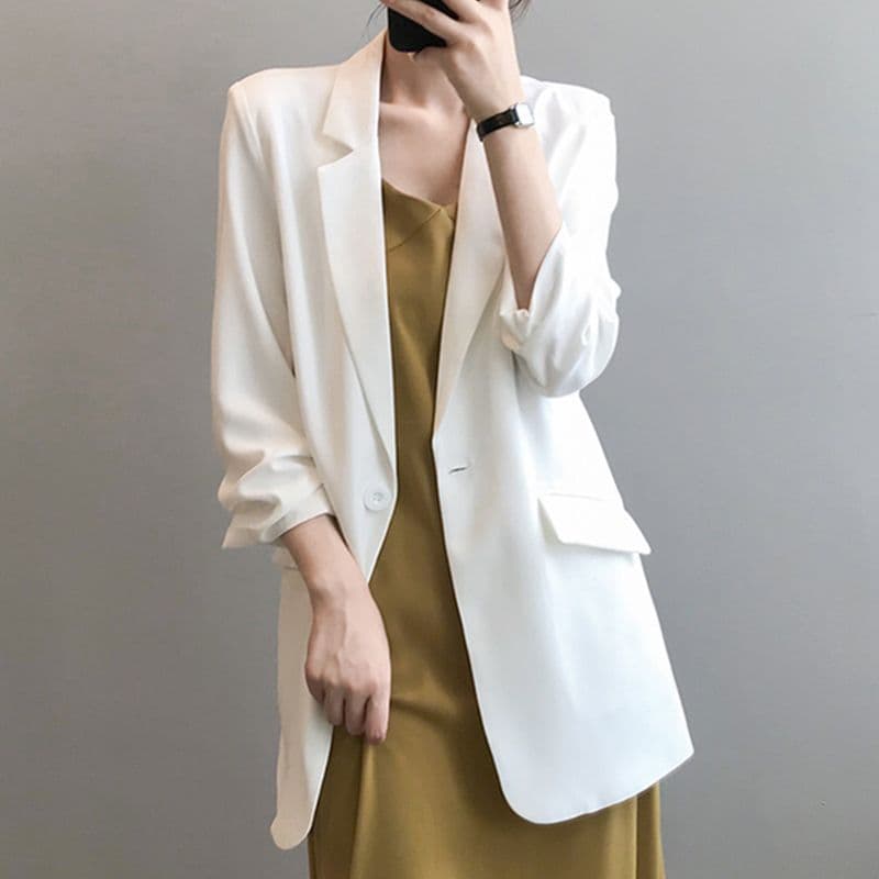 Chiffon Blazer for Women, Lightweight Summer Flowing Loose Casual Mid-Length White Jacket Trendy