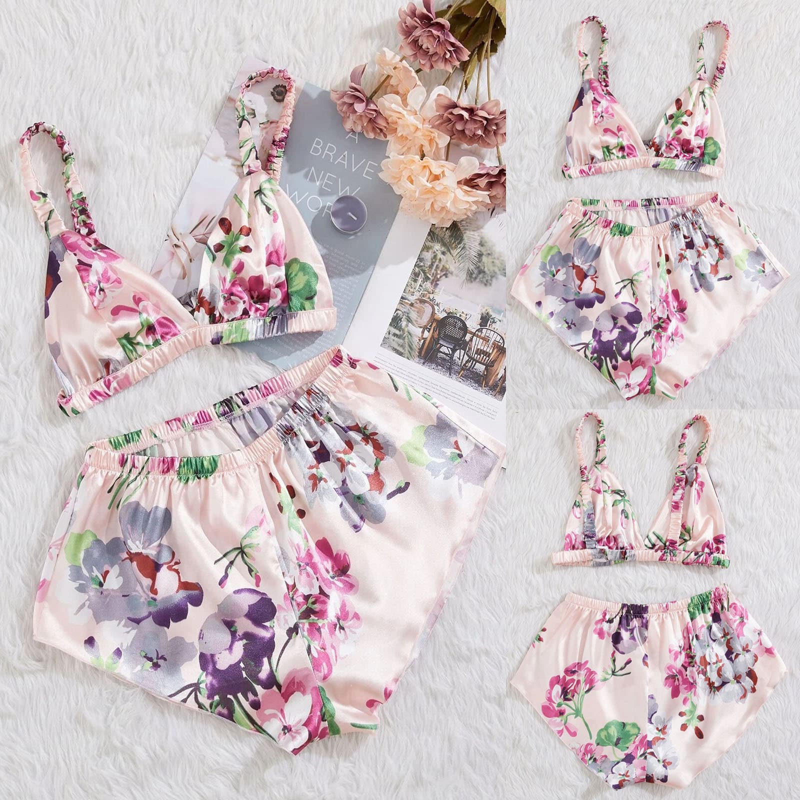 Sexy Deep V Printed Camisole Lace Shorts Women's Loungewear Two-Piece Set, European and American Trendy Lingerie