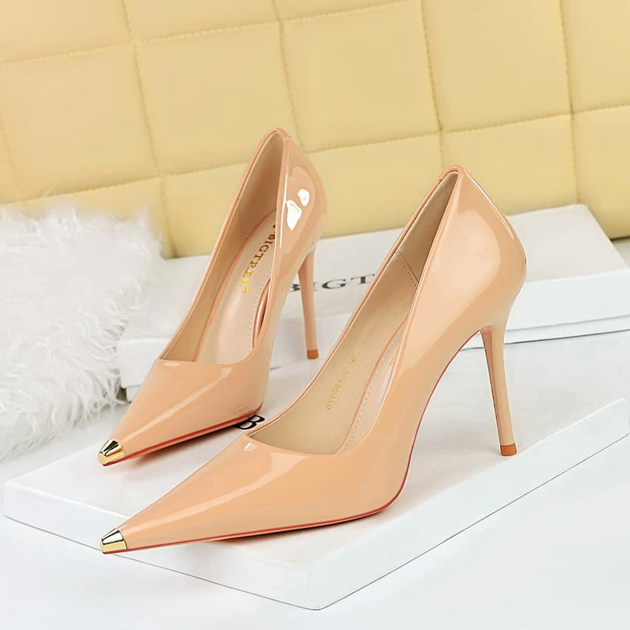 9283-6 Sexy Slim High Heels Ultra High Heels Bright Metal Sharp Toe Single Shoes PU Material Women In Various Colors